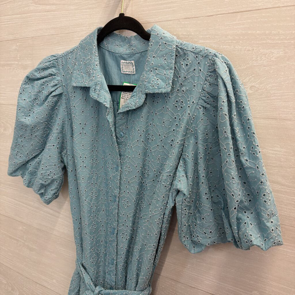 Society Social X Crown and Ivy Blue Eyelet Short Puff Sleeve Button Front Dress Medium