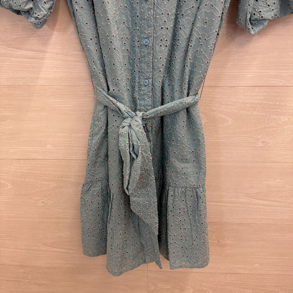 Society Social X Crown and Ivy Blue Eyelet Short Puff Sleeve Button Front Dress Medium