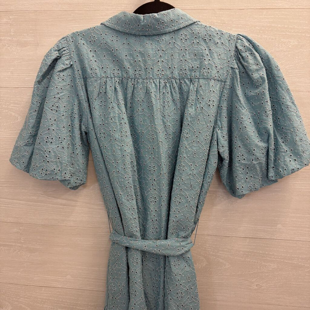 Society Social X Crown and Ivy Blue Eyelet Short Puff Sleeve Button Front Dress Medium