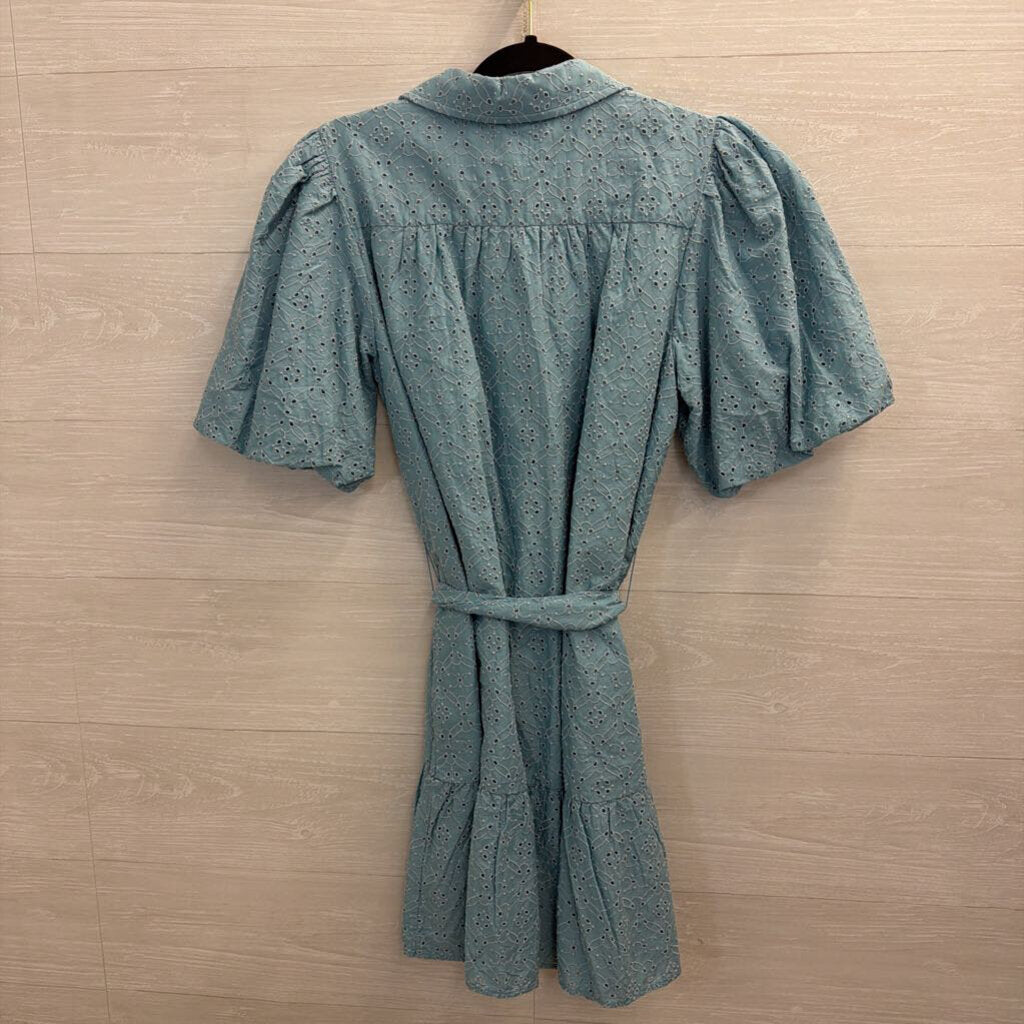 Society Social X Crown and Ivy Blue Eyelet Short Puff Sleeve Button Front Dress Medium