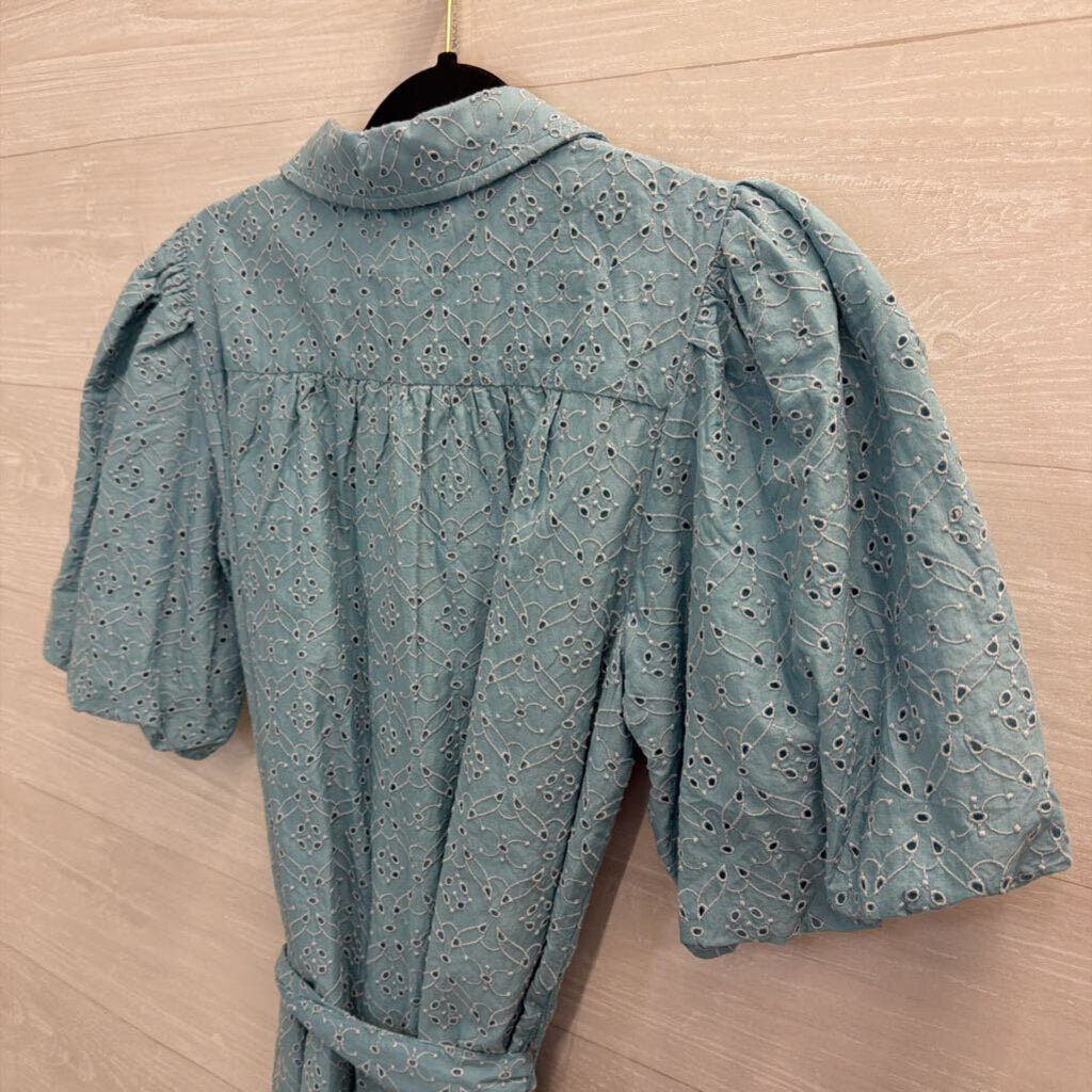 Society Social X Crown and Ivy Blue Eyelet Short Puff Sleeve Button Front Dress Medium