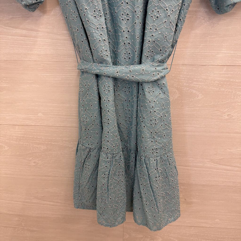 Society Social X Crown and Ivy Blue Eyelet Short Puff Sleeve Button Front Dress Medium