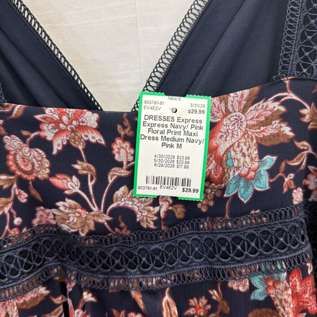 Express Navy/ Pink Floral Print Maxi Dress Medium