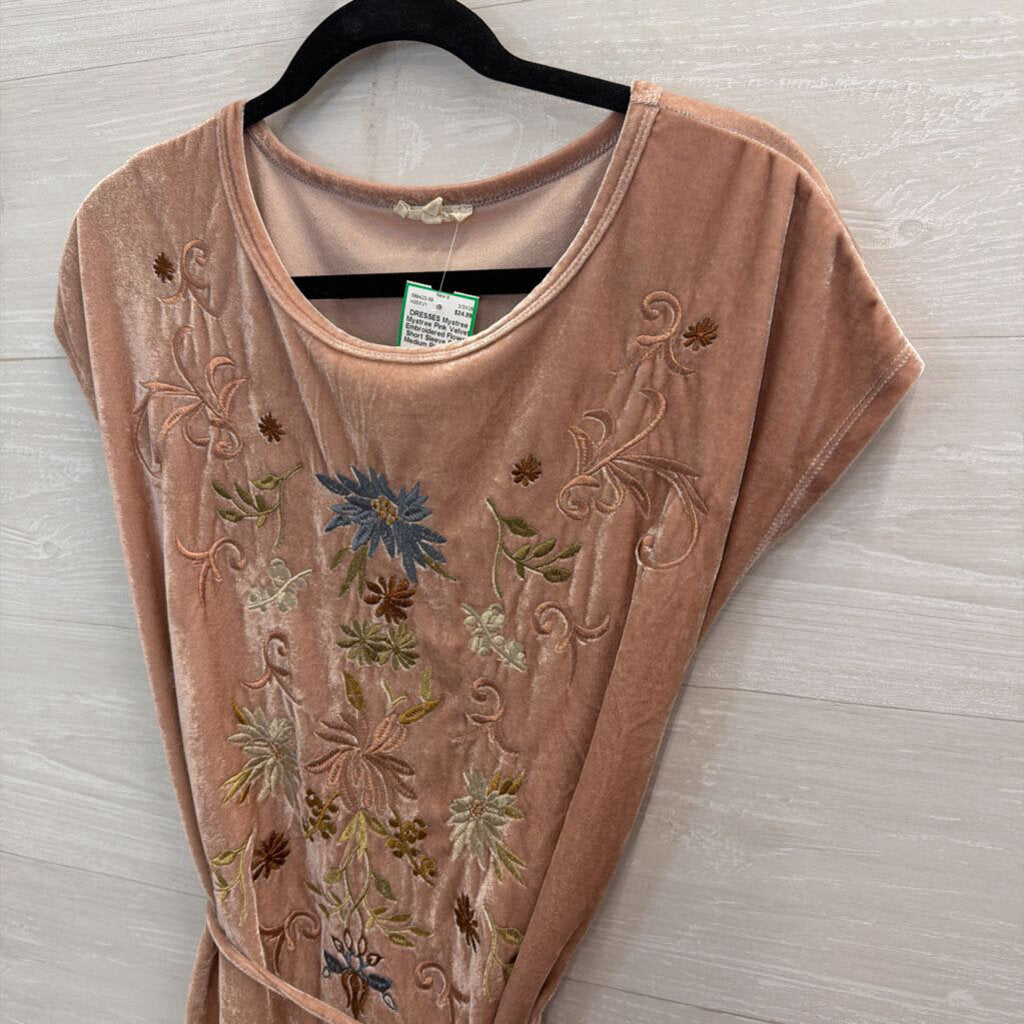 Mystree Pink Velvet Embroidered Flower Short Sleeve Dress Medium