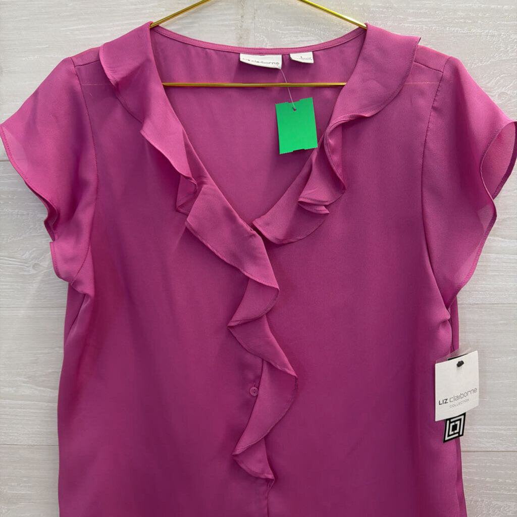 Liz Claiborne Pink Ruffle Detail Short Sleeve Top Large