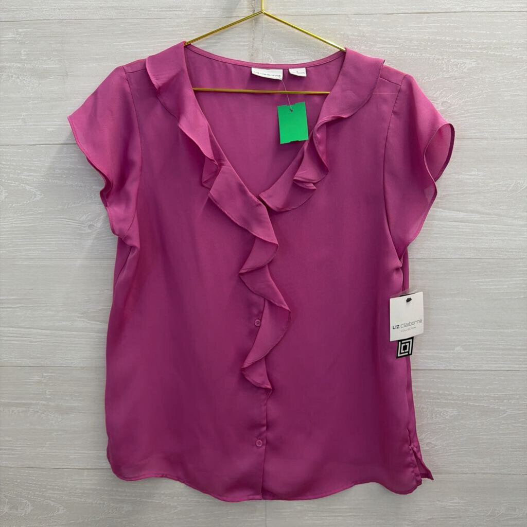 Liz Claiborne Pink Ruffle Detail Short Sleeve Top Large