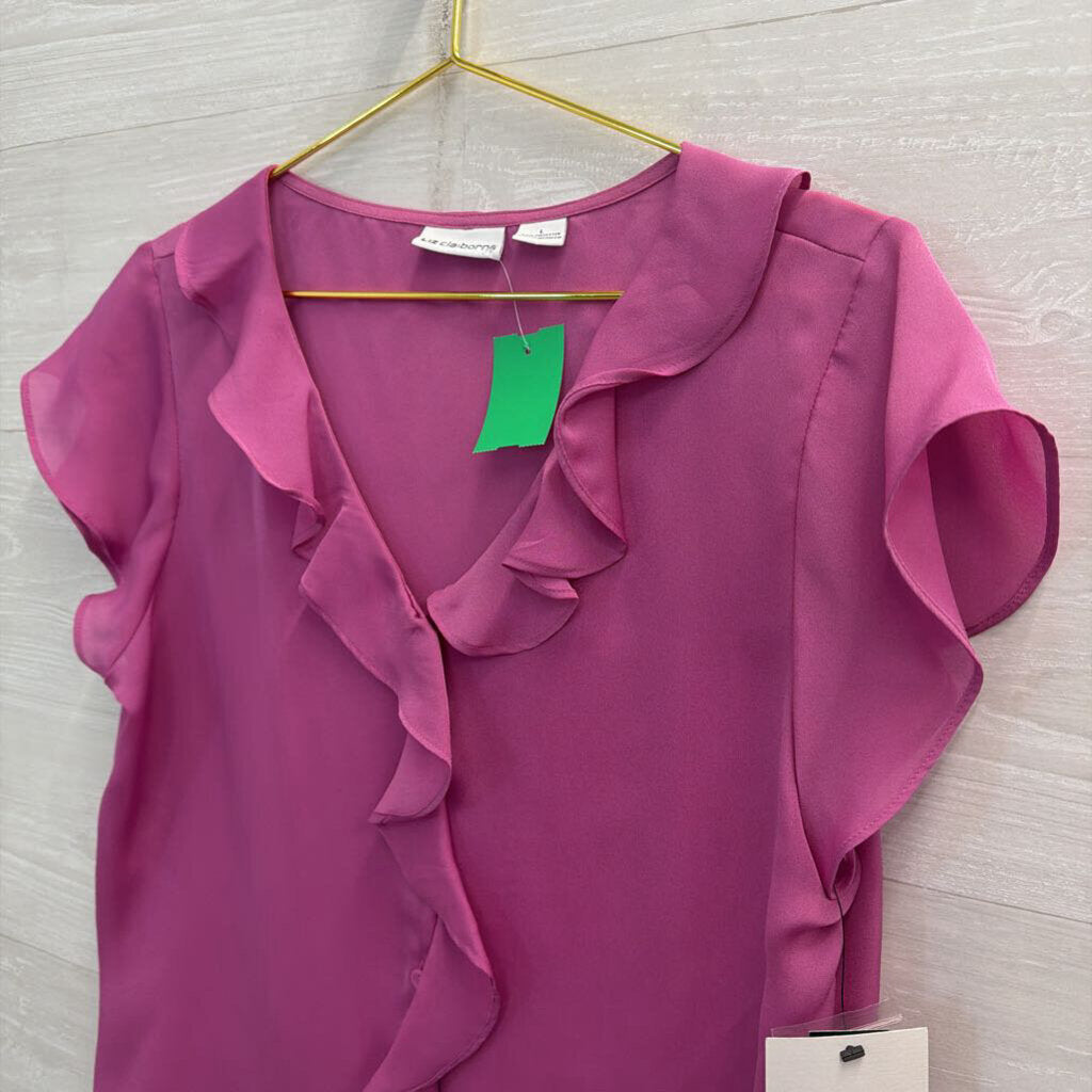 Liz Claiborne Pink Ruffle Detail Short Sleeve Top Large