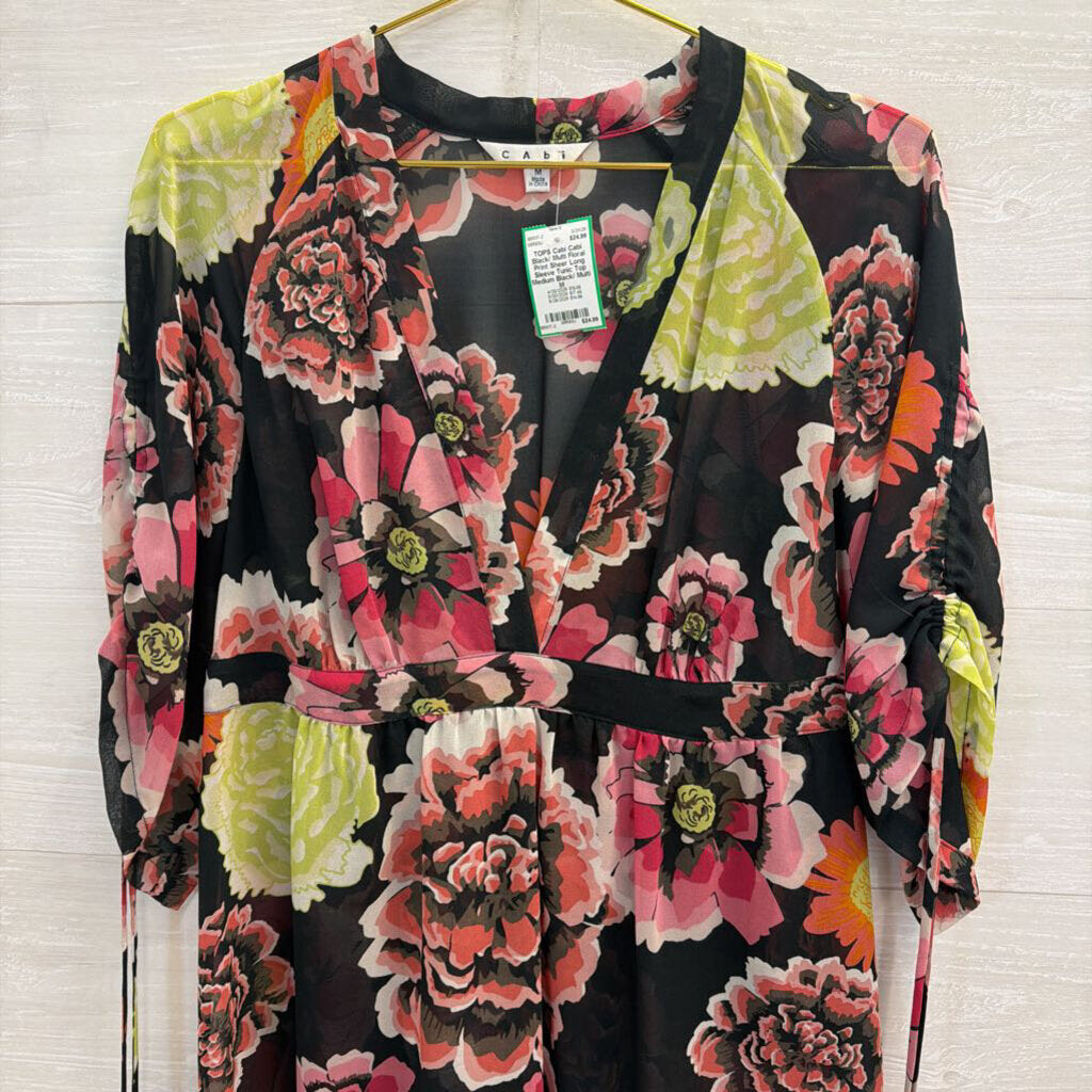 Cabi Black/ Multi Floral Print Sheer Long Sleeve Tunic Top Medium