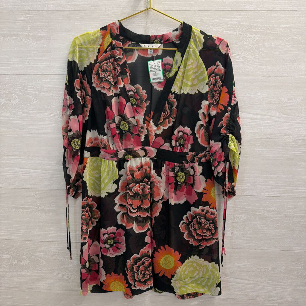 Cabi Black/ Multi Floral Print Sheer Long Sleeve Tunic Top Medium