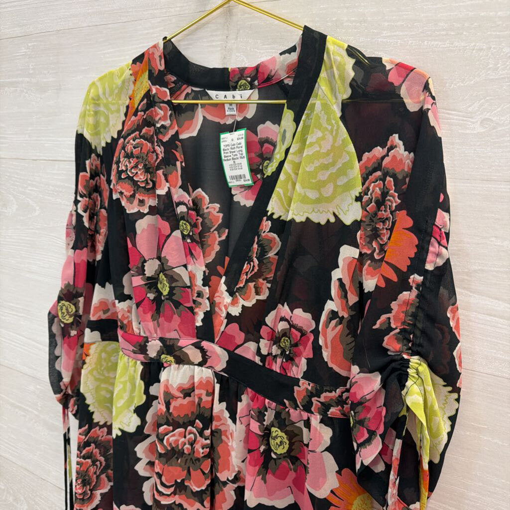 Cabi Black/ Multi Floral Print Sheer Long Sleeve Tunic Top Medium