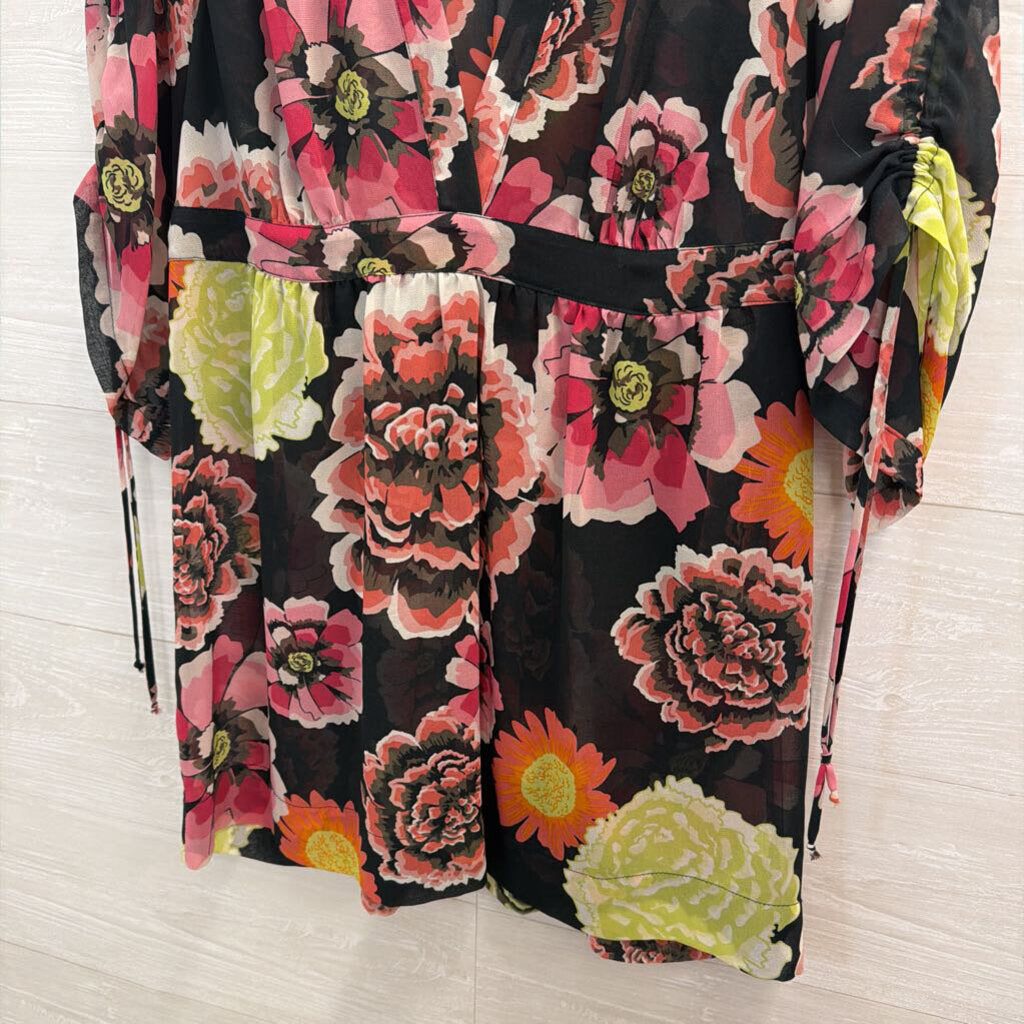 Cabi Black/ Multi Floral Print Sheer Long Sleeve Tunic Top Medium