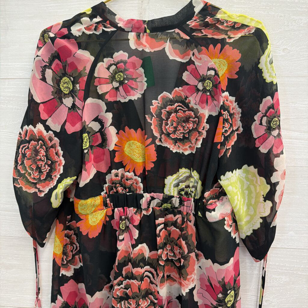 Cabi Black/ Multi Floral Print Sheer Long Sleeve Tunic Top Medium