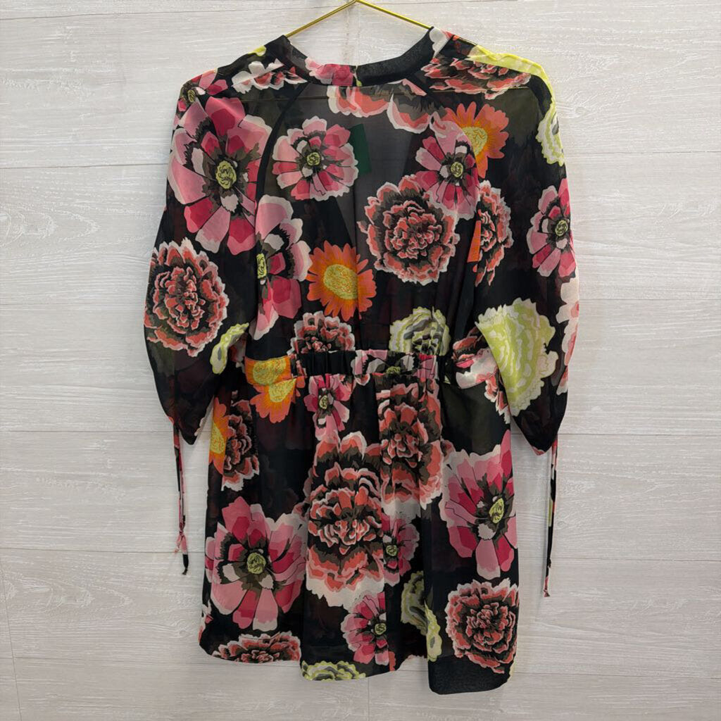 Cabi Black/ Multi Floral Print Sheer Long Sleeve Tunic Top Medium