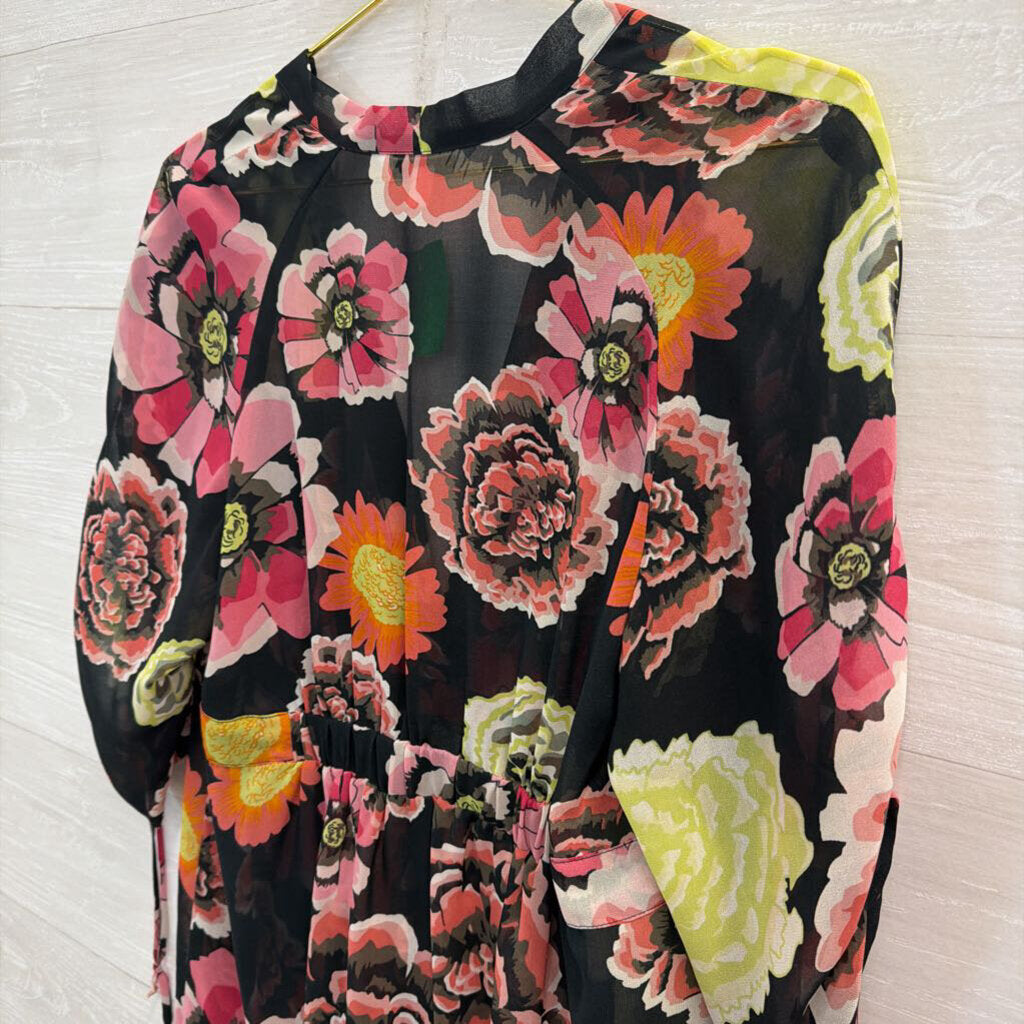 Cabi Black/ Multi Floral Print Sheer Long Sleeve Tunic Top Medium