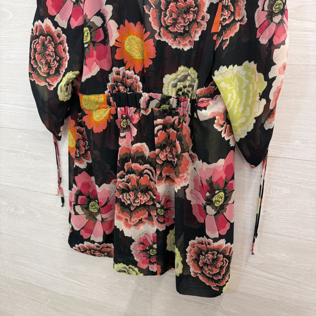 Cabi Black/ Multi Floral Print Sheer Long Sleeve Tunic Top Medium