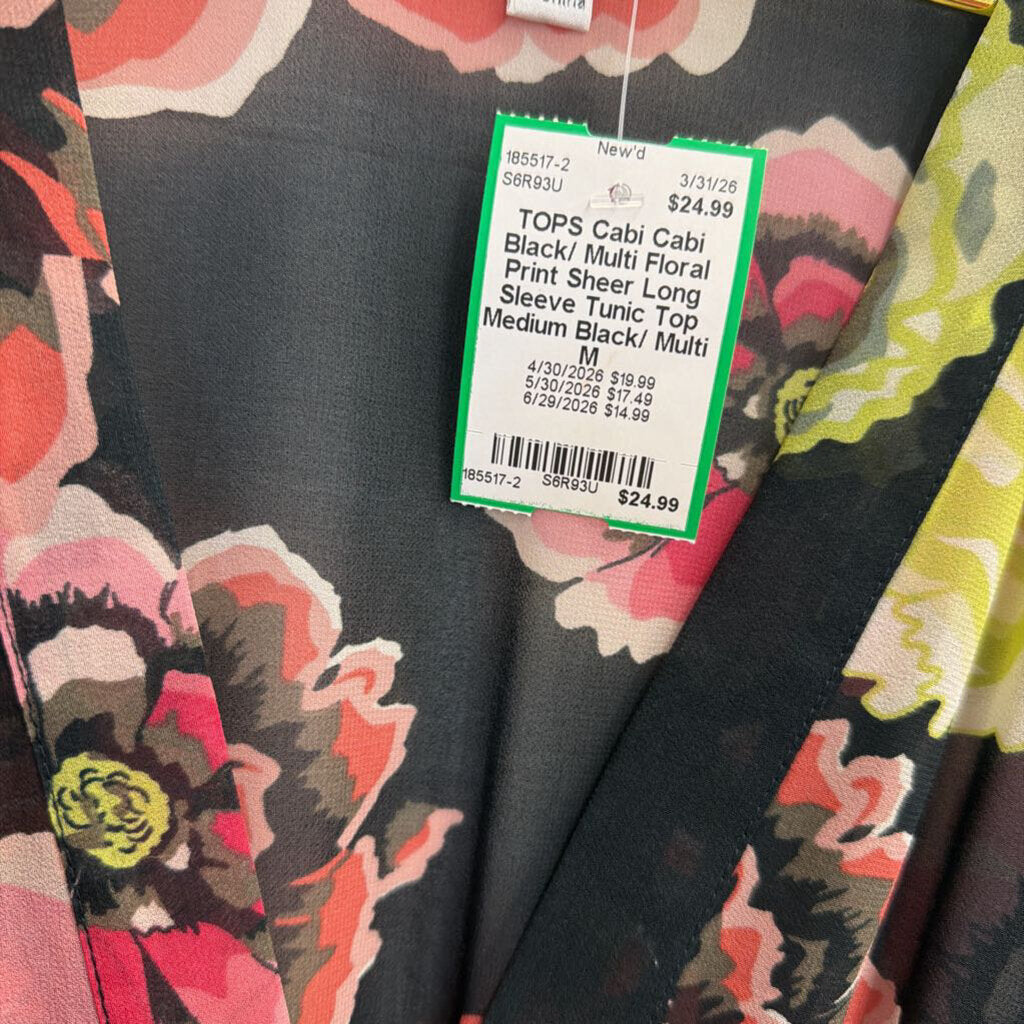 Cabi Black/ Multi Floral Print Sheer Long Sleeve Tunic Top Medium