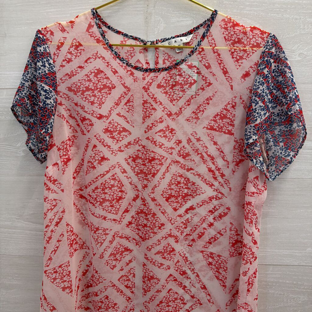 Cabi White/ Red/ Blue Sheer Print Short Sleeve Top Medium