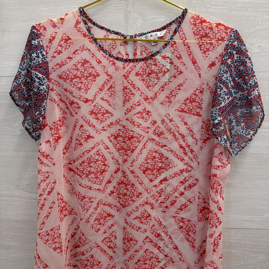 Cabi White/ Red/ Blue Sheer Print Short Sleeve Top Medium