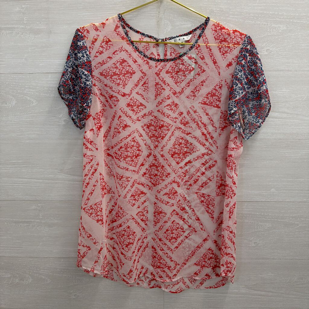 Cabi White/ Red/ Blue Sheer Print Short Sleeve Top Medium