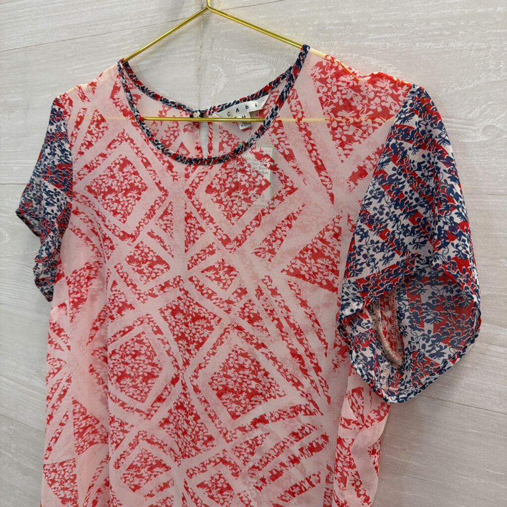 Cabi White/ Red/ Blue Sheer Print Short Sleeve Top Medium
