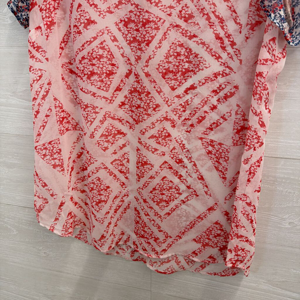 Cabi White/ Red/ Blue Sheer Print Short Sleeve Top Medium