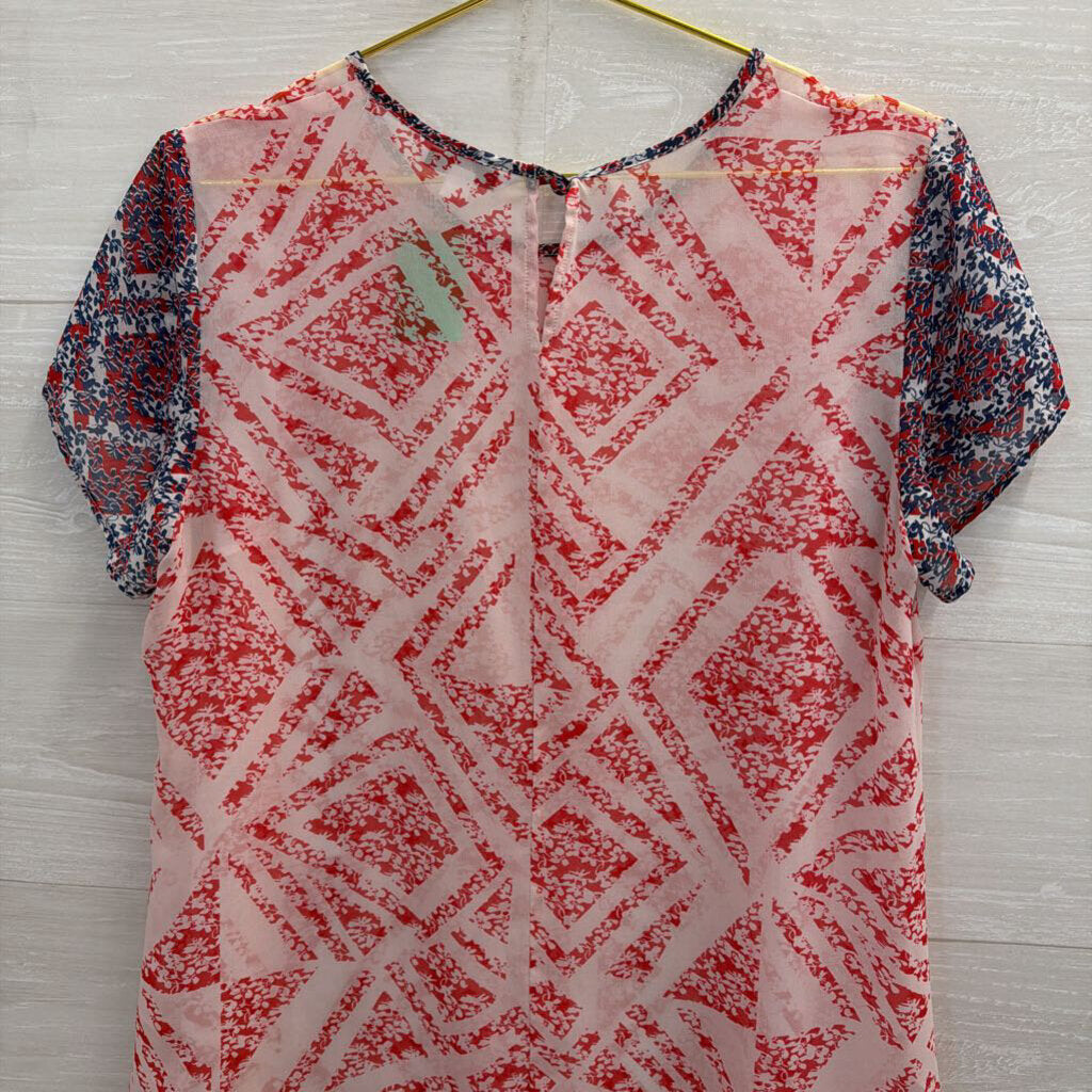Cabi White/ Red/ Blue Sheer Print Short Sleeve Top Medium