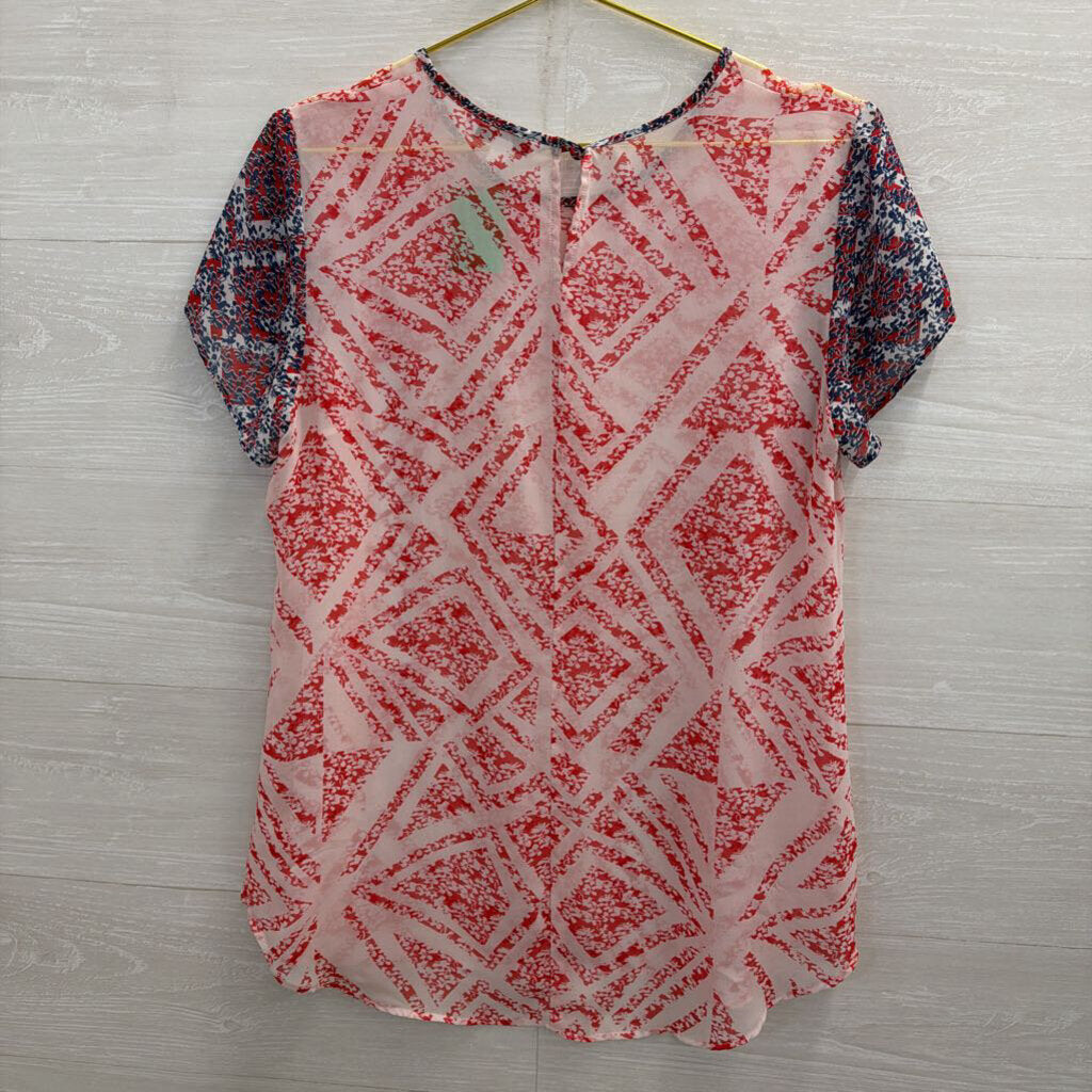Cabi White/ Red/ Blue Sheer Print Short Sleeve Top Medium