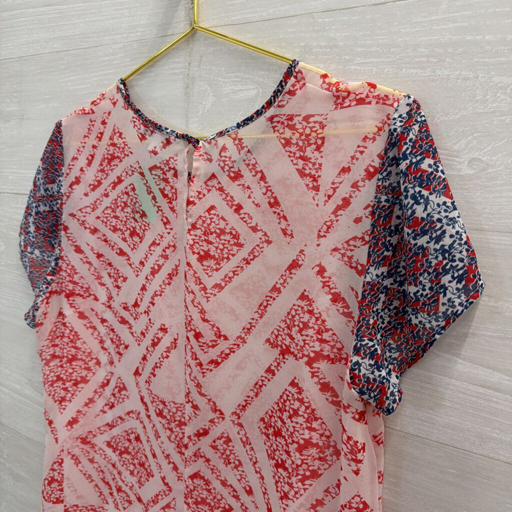 Cabi White/ Red/ Blue Sheer Print Short Sleeve Top Medium