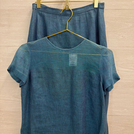 Maggy London Blue 100% Linen Short Sleeve Top Maxi Skirt Set 4