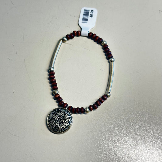 Stretchy Brown Beaded Silver Pendant Bracelet