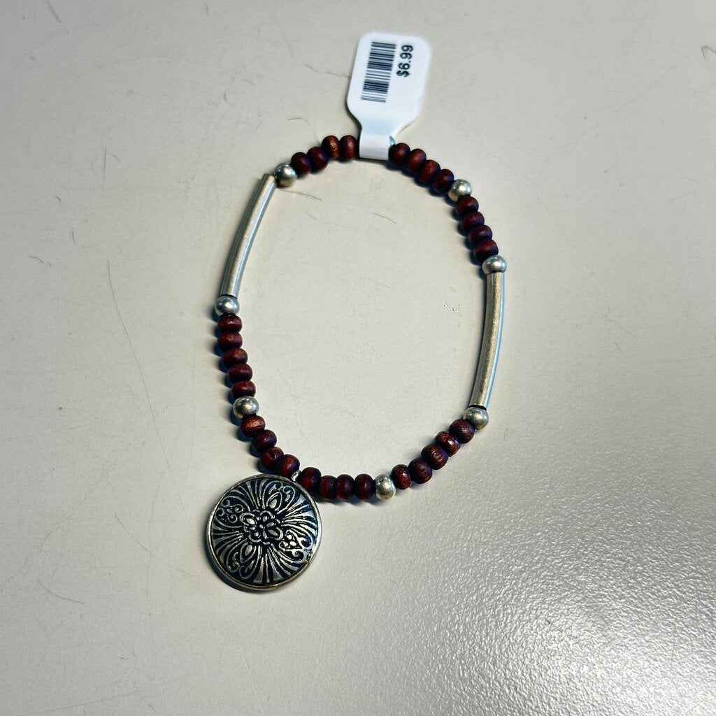 Stretchy Brown Beaded Silver Pendant Bracelet