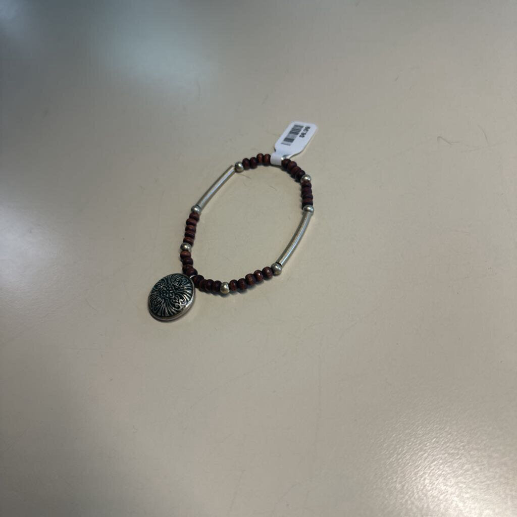 Stretchy Brown Beaded Silver Pendant Bracelet