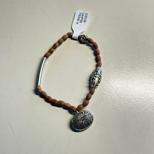 Stretchy Brown Beaded Silver Pendant Bracelet