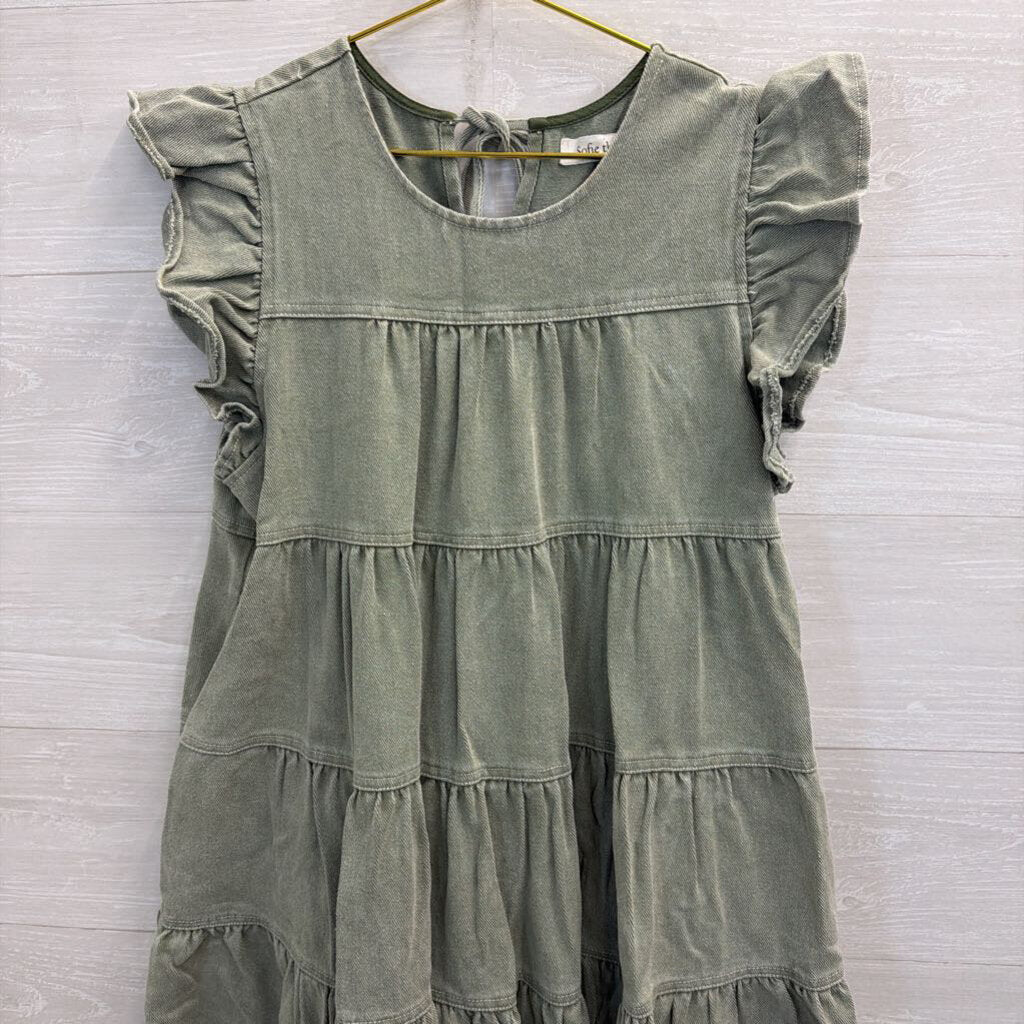 Sofie the Label Green Denim Short Ruffle Sleeve Tiered Dress Medium