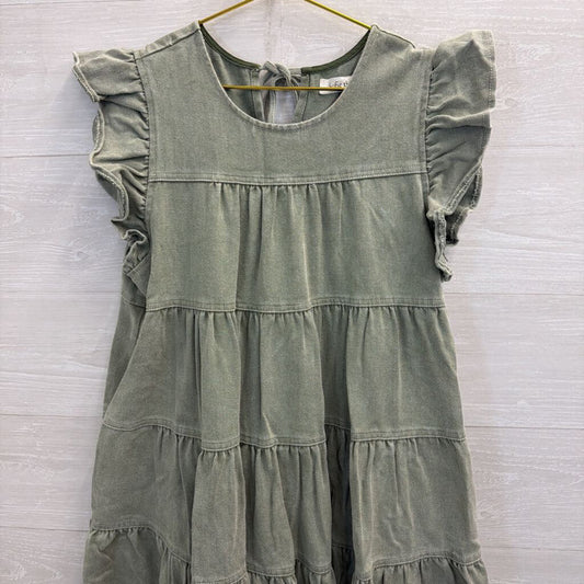 Sofie the Label Green Denim Short Ruffle Sleeve Tiered Dress Medium