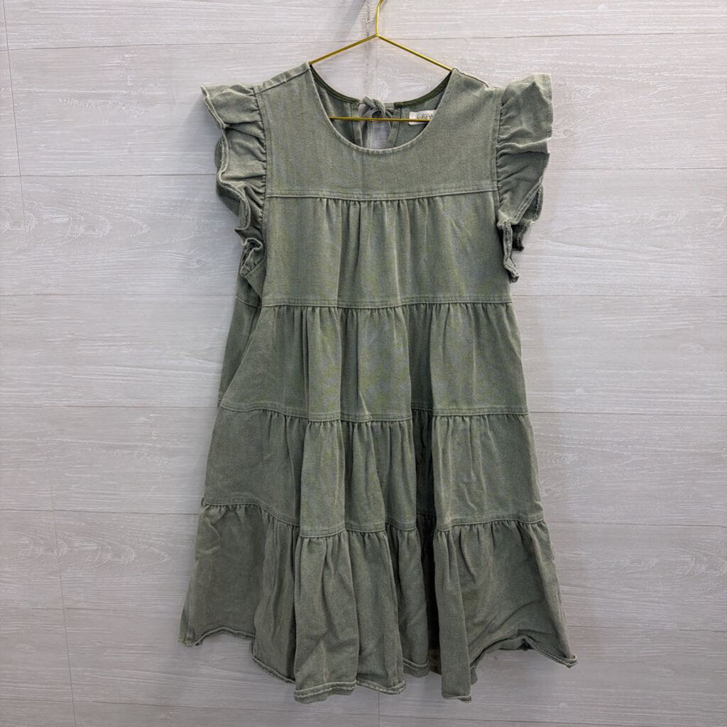 Sofie the Label Green Denim Short Ruffle Sleeve Tiered Dress Medium