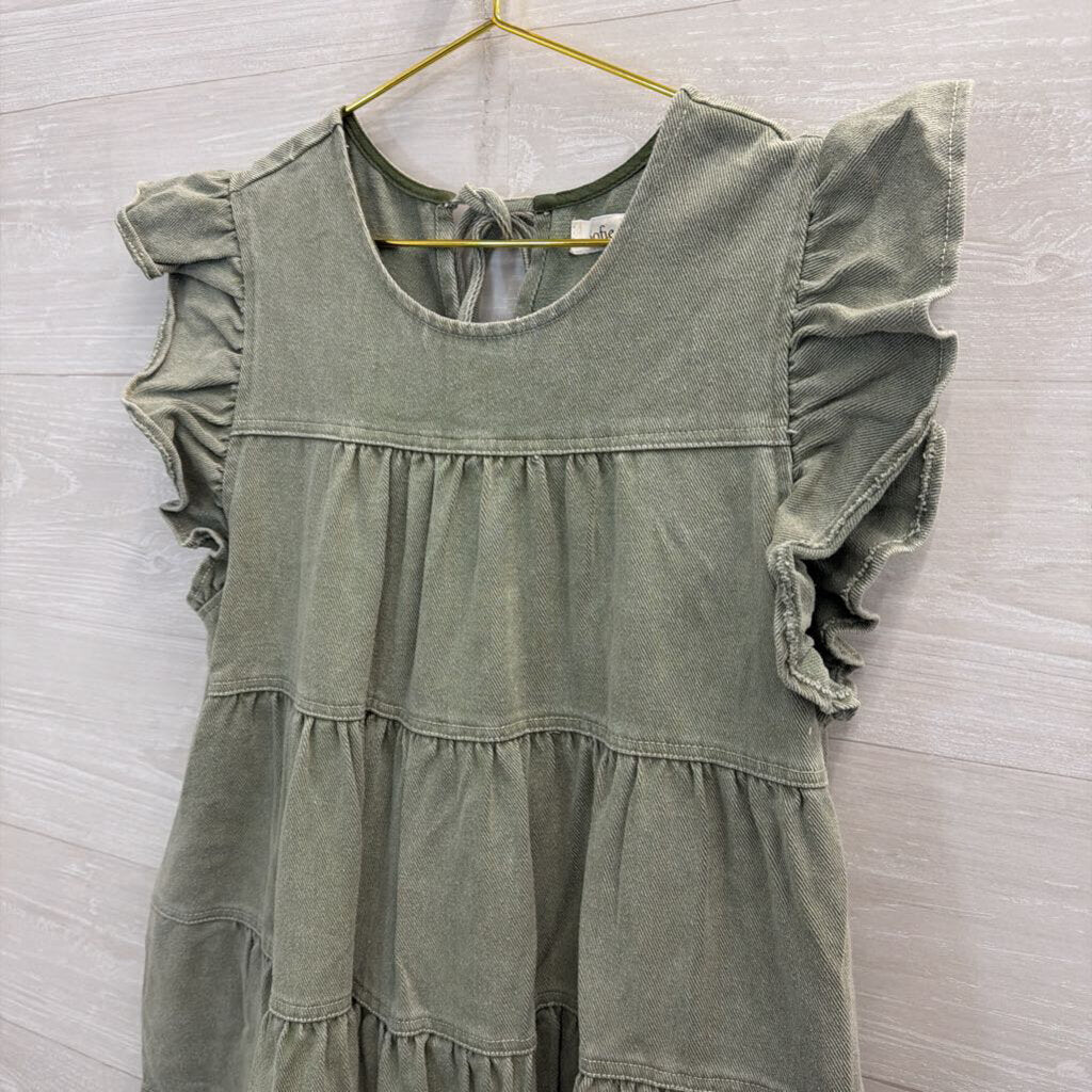 Sofie the Label Green Denim Short Ruffle Sleeve Tiered Dress Medium
