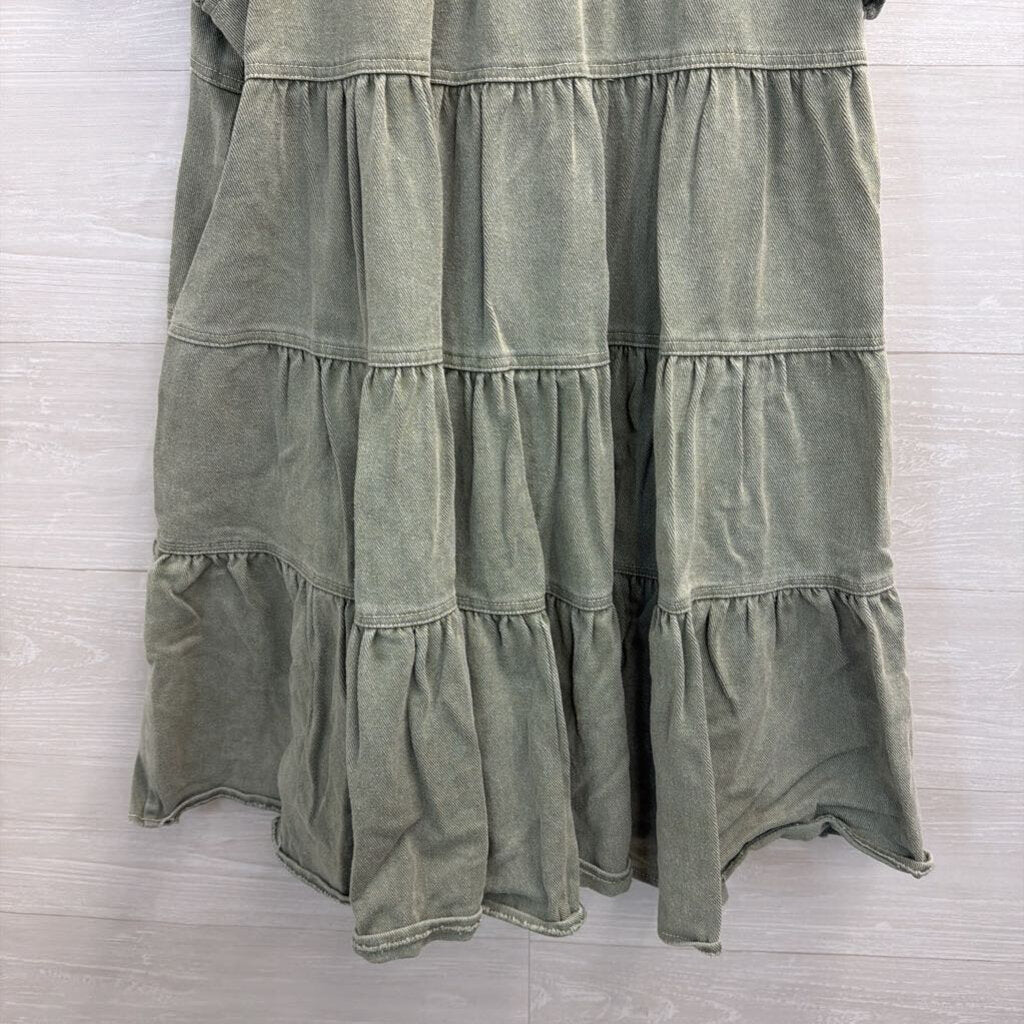 Sofie the Label Green Denim Short Ruffle Sleeve Tiered Dress Medium