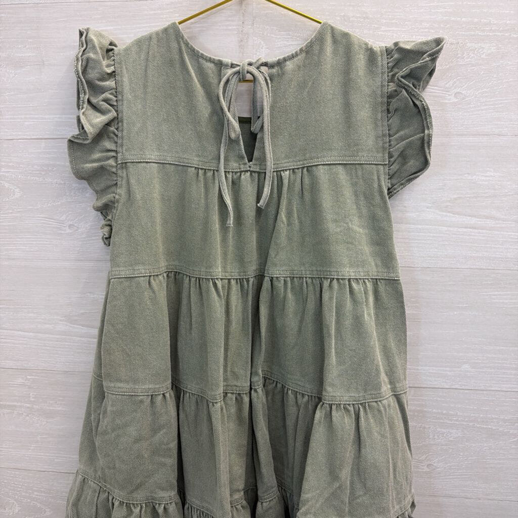 Sofie the Label Green Denim Short Ruffle Sleeve Tiered Dress Medium