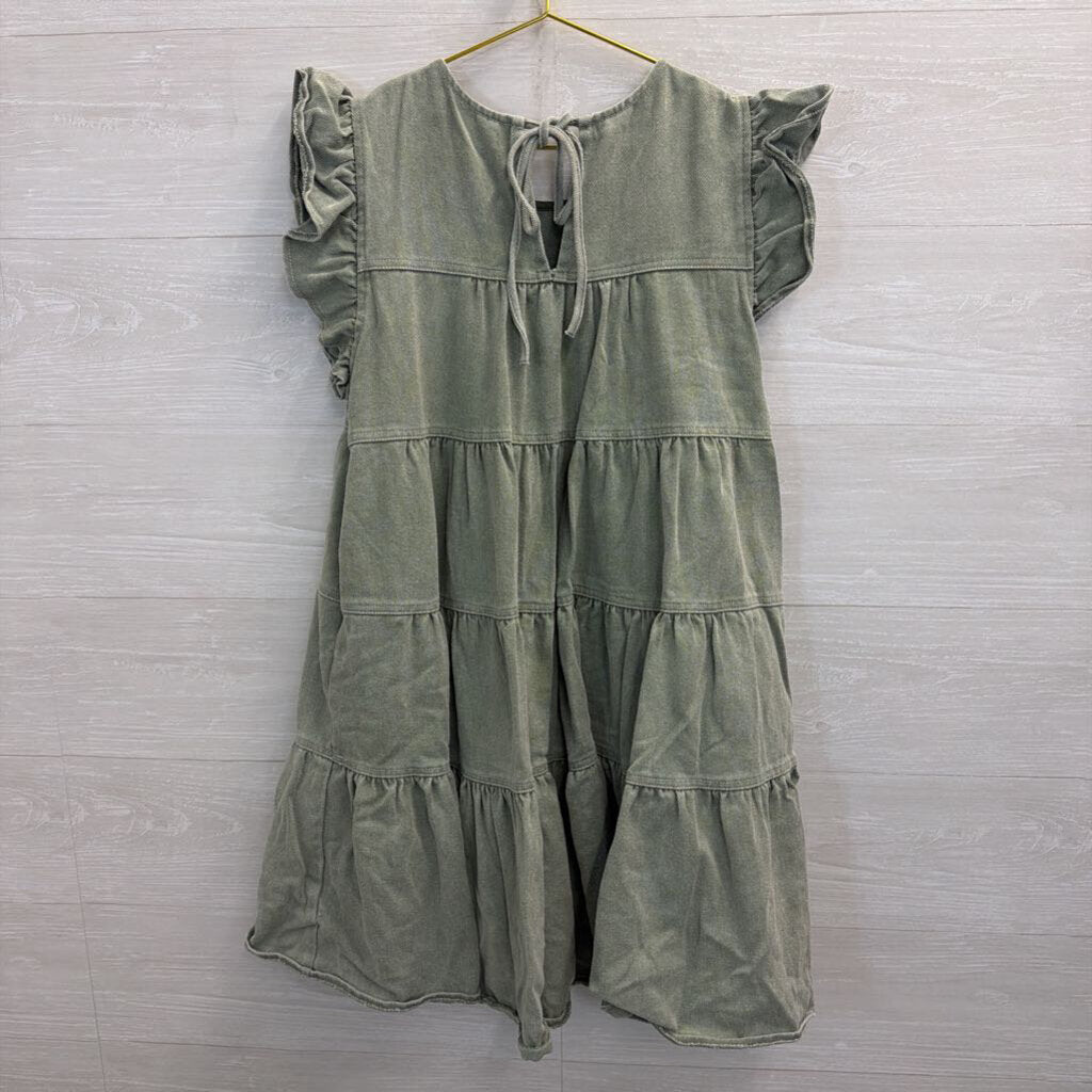 Sofie the Label Green Denim Short Ruffle Sleeve Tiered Dress Medium