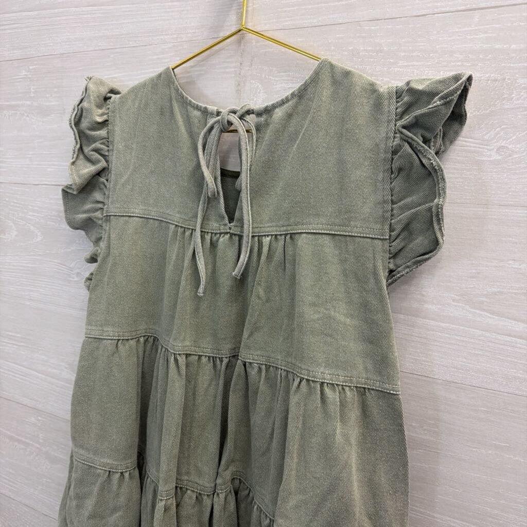 Sofie the Label Green Denim Short Ruffle Sleeve Tiered Dress Medium