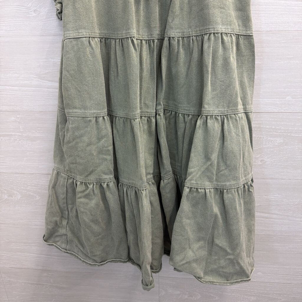 Sofie the Label Green Denim Short Ruffle Sleeve Tiered Dress Medium