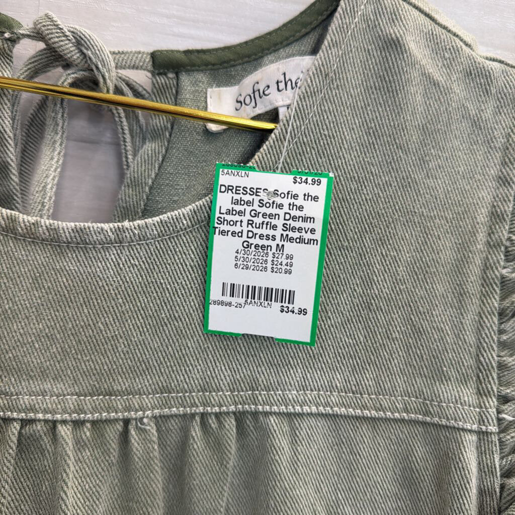 Sofie the Label Green Denim Short Ruffle Sleeve Tiered Dress Medium