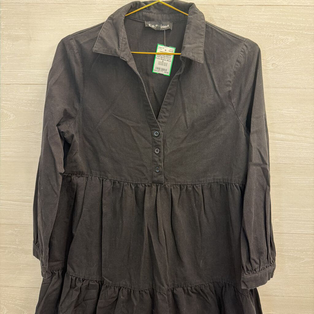 En Saison Black Long Sleeve Half Button Front Dress Medium
