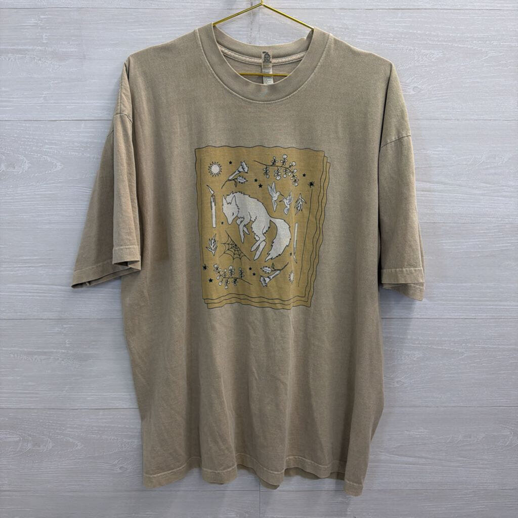 Los Angeles Apparel Brown Fox Whimsical Short Sleeve Graphic Tee Extra Large