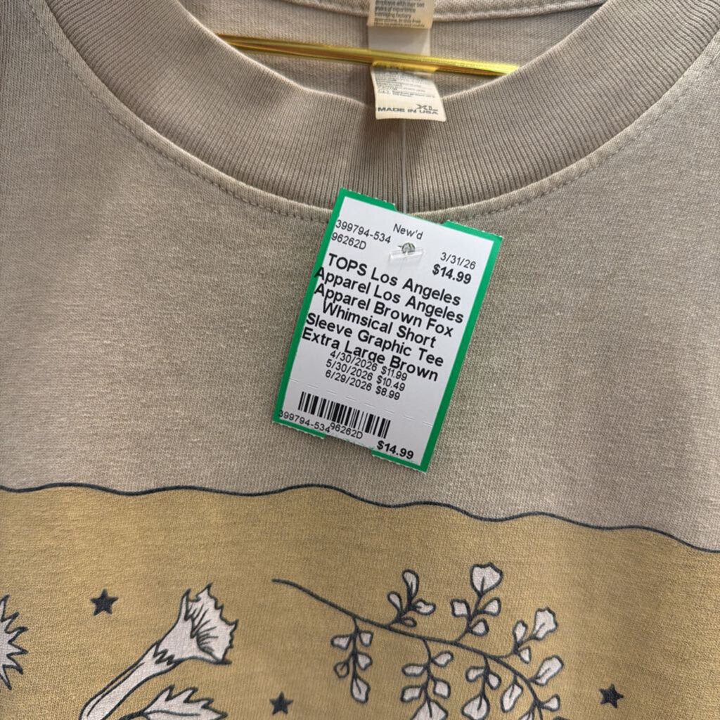 Los Angeles Apparel Brown Fox Whimsical Short Sleeve Graphic Tee Extra Large