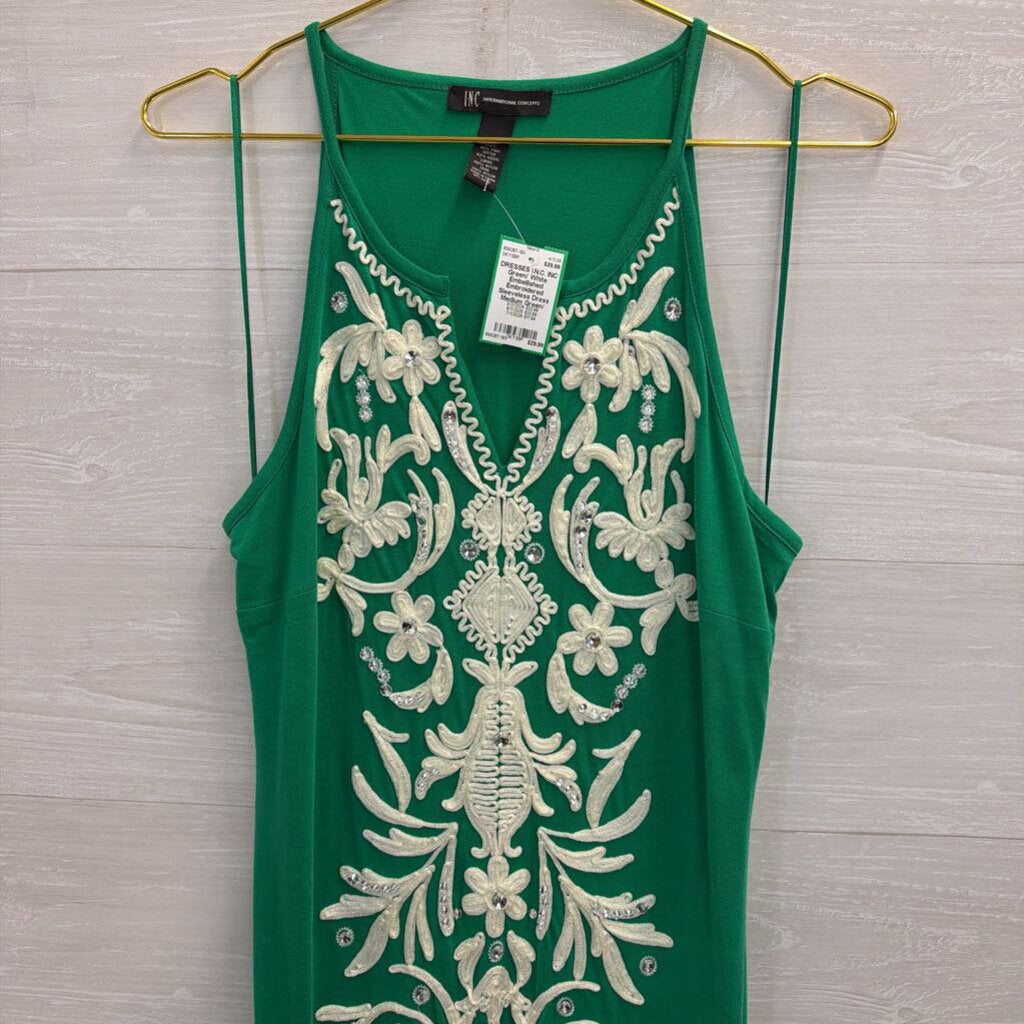 INC Green/ White Embellished Embroidered Sleeveless Dress Medium