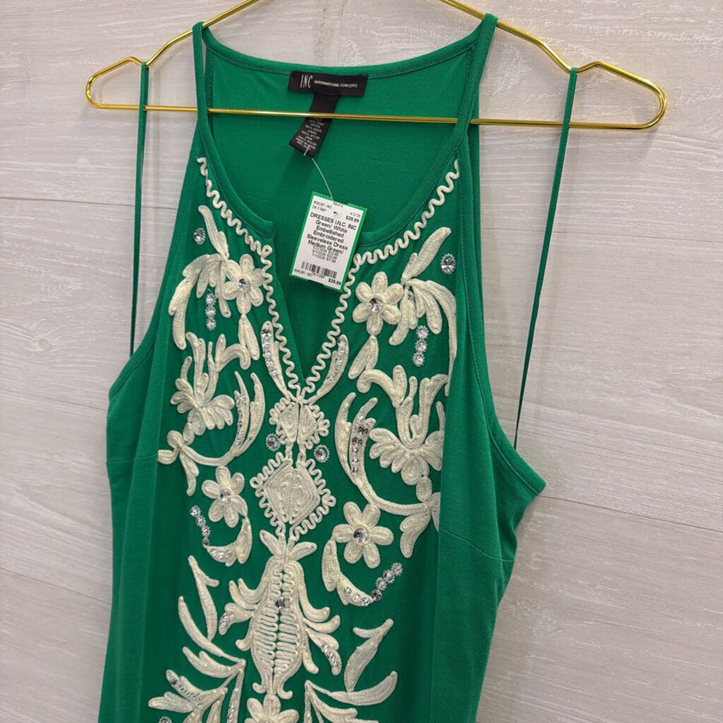 INC Green/ White Embellished Embroidered Sleeveless Dress Medium