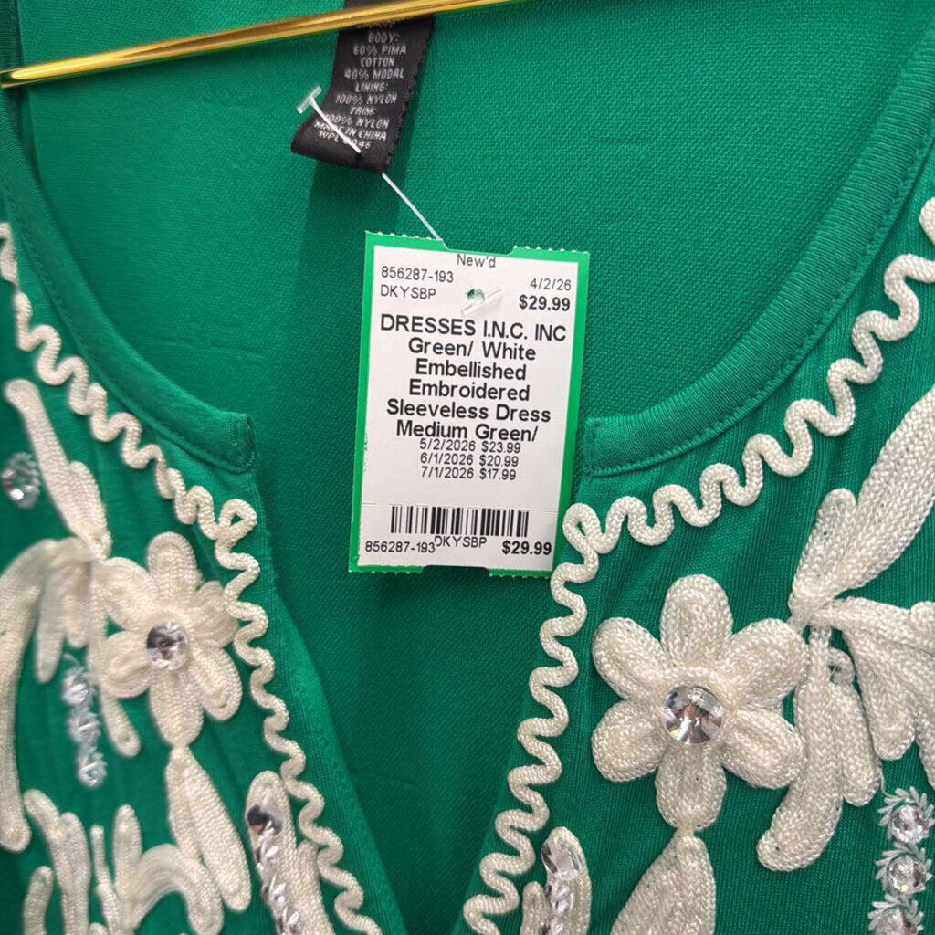 INC Green/ White Embellished Embroidered Sleeveless Dress Medium
