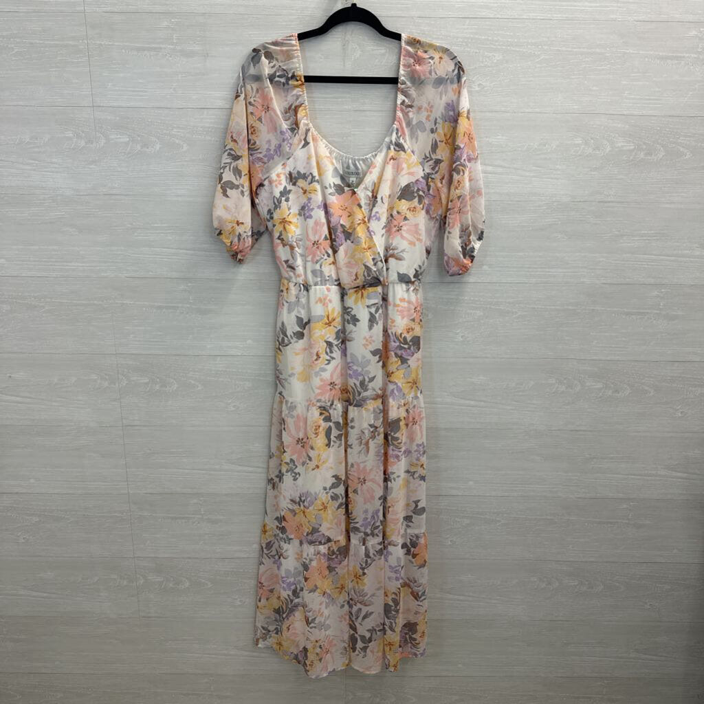 Luxology White/ Multi Floral Print Short Sleeve Maxi Dress Medium
